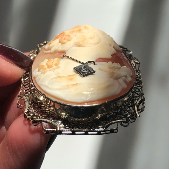 HPπππΎβ₯οΈππΌ14K White Gold Cameo Diamond Brooch/ Pendant - Picture 3 of 7